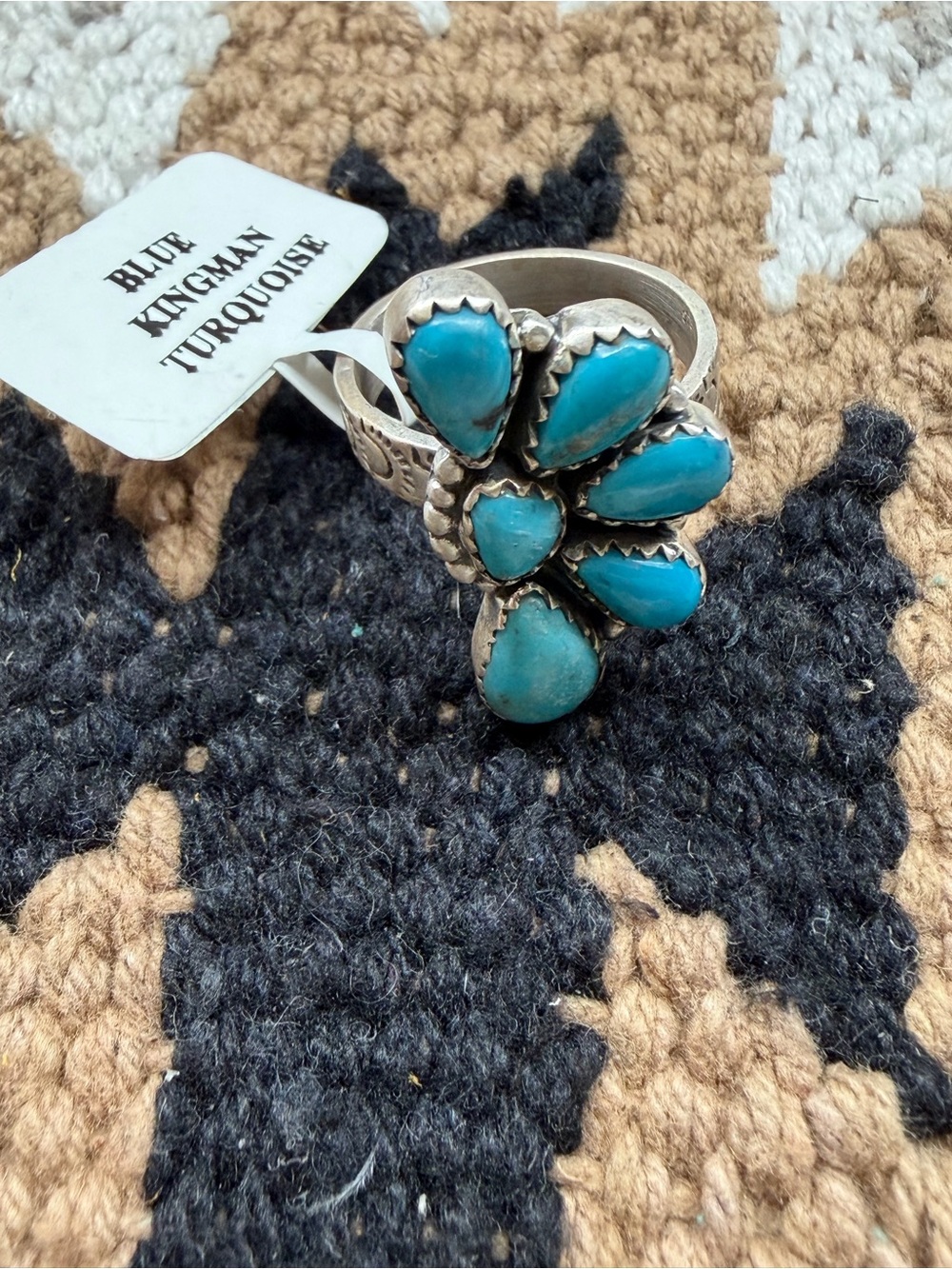 Blue Kingman Turquoise cluster ring stamped band sterling silver